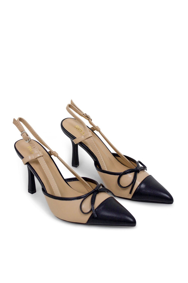 Vee Pointed Toe Kitten Slingback Heel - BeigeHeels
