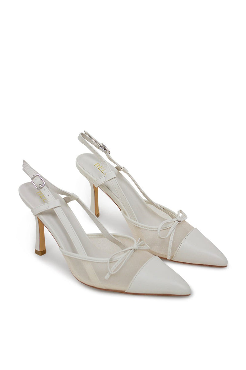 Vee Pointed Toe Kitten Slingback Heel - White Mesh Heels